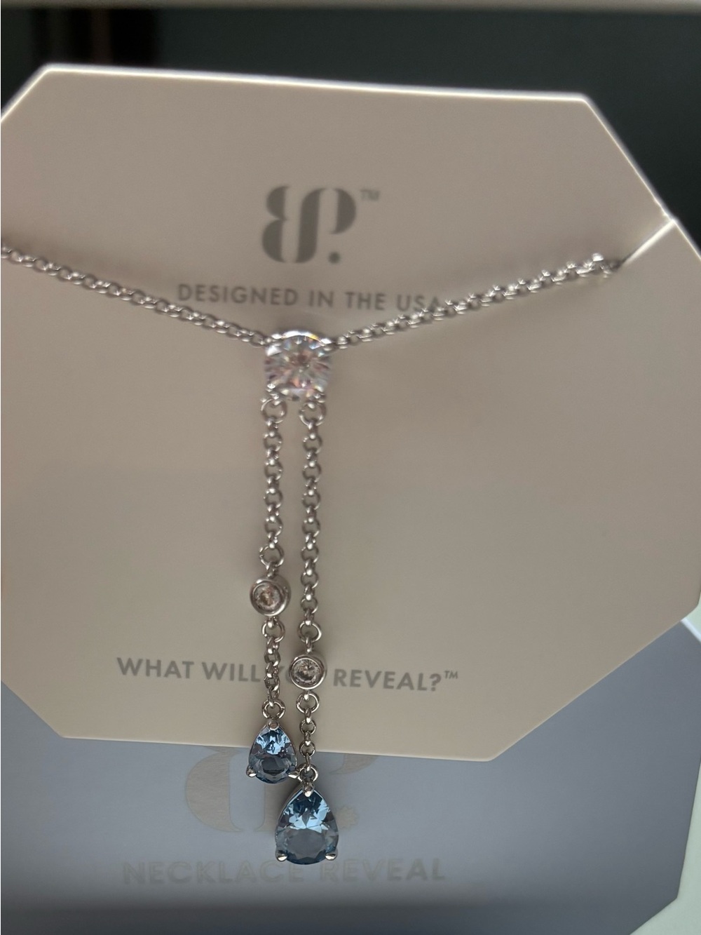 Silver-Tone Necklace with Blue Teardrop Crystal Drops